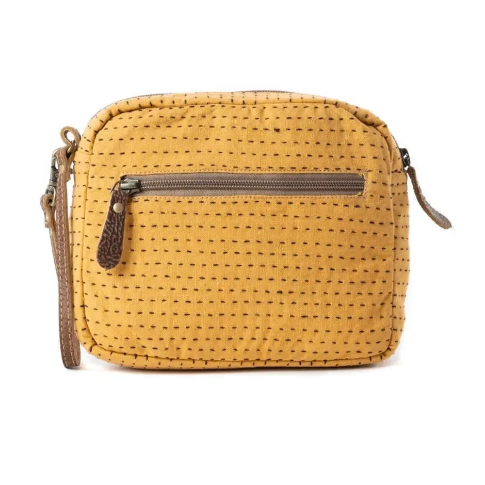 NWT Boutique Boho Daisy Pop Woven Embroidered Pouch in Marigold Yellow